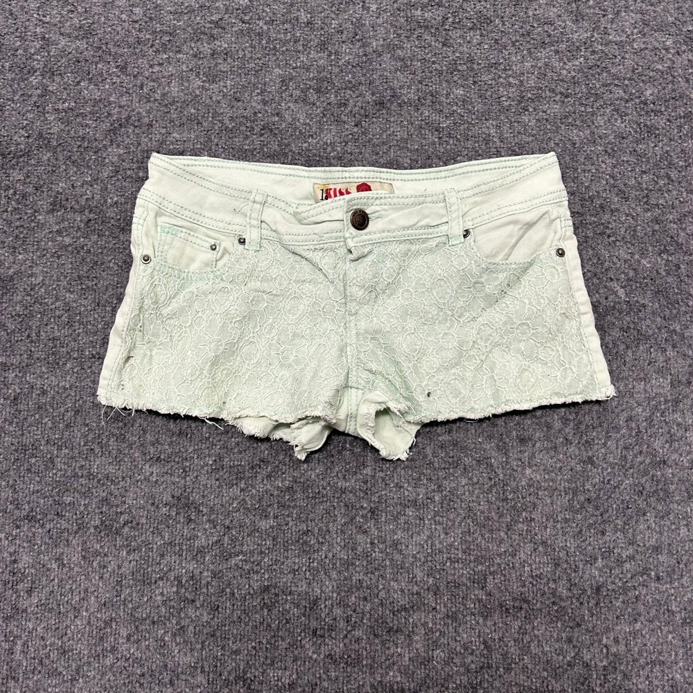1st Kiss Shorts Womens Size 7 Mint Green Lace Overlay Raw Hem Boho Low Rise Cut
